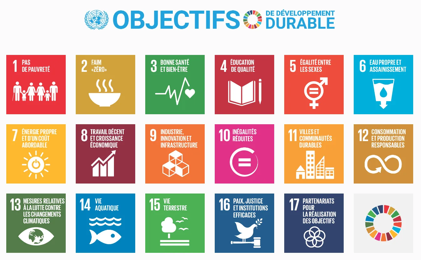 The 17 UN Sustainable Development Goals (in French), from 1 “No poverty” to 17 “Partnerships for the goals”