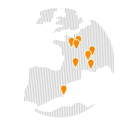 Map of Western Europe with orange markers on Altyor’s locations