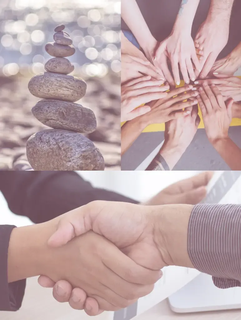 Photo collage: balanced stacked stones, colleagues’ hands joined in a circle and a handshake