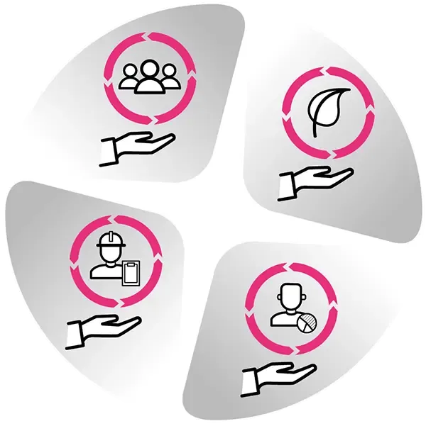 Icons of Altyor’s four commitment areas, each held in an open hand