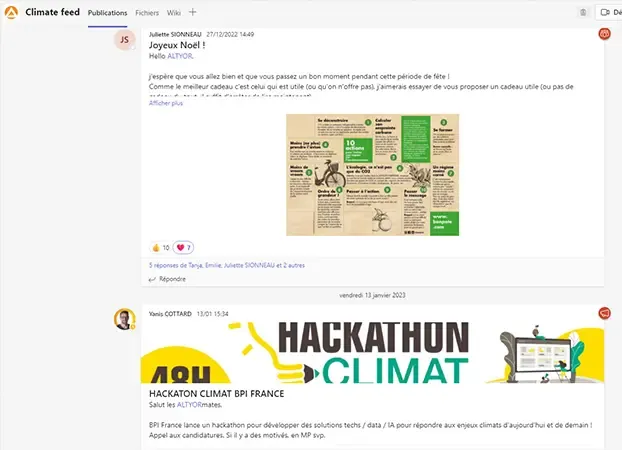 Screenshot of the internal “Climate feed” channel: posts on eco-friendly habits and a Bpifrance climate hackathon