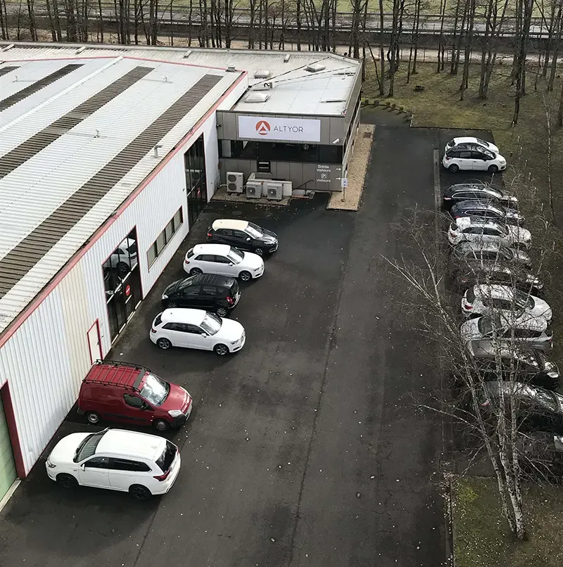 Aerial view of the Altyor site in Saint-Cyr-en-Val and its car park